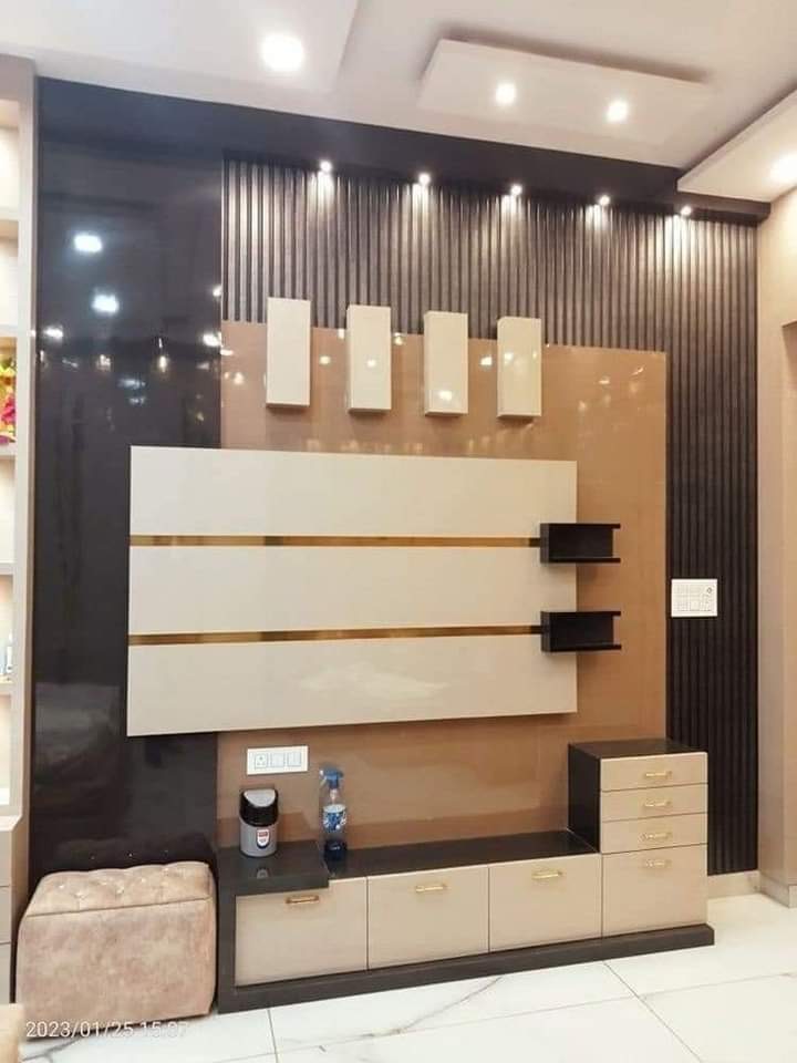 TV unit with dark slat wall Ahmedabad
