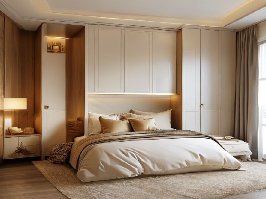 Custom wardrobe and TV panel by Shiv Interior